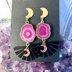 Pink Solar Quartz Druzy Moon Stud Gold Earrings